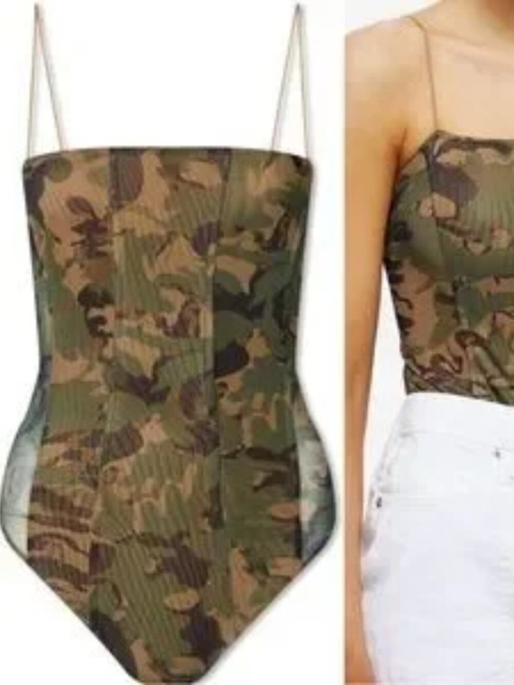 NWT GOOD AMERICAN Bodysuit Womens XS Green Camo Mesh Corset Army Print 0